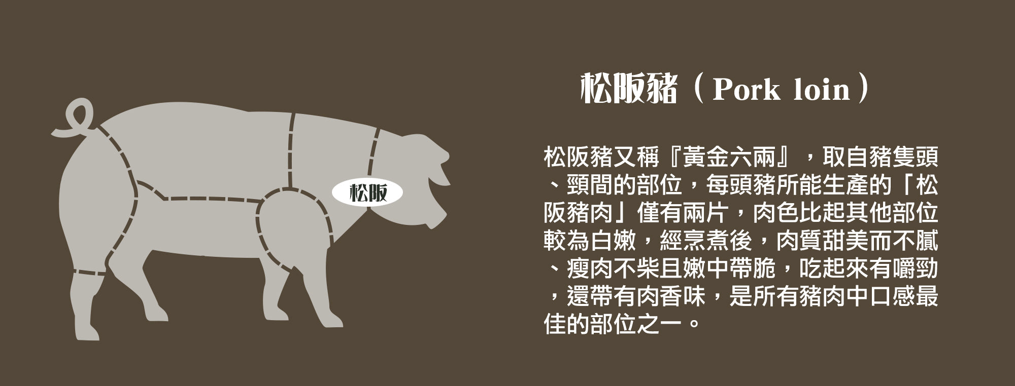 豬部位圖，白色標示松阪豬位在豬頭與頸交接處，說明每頭豬只有兩片、肉色白嫩、嫩中帶脆